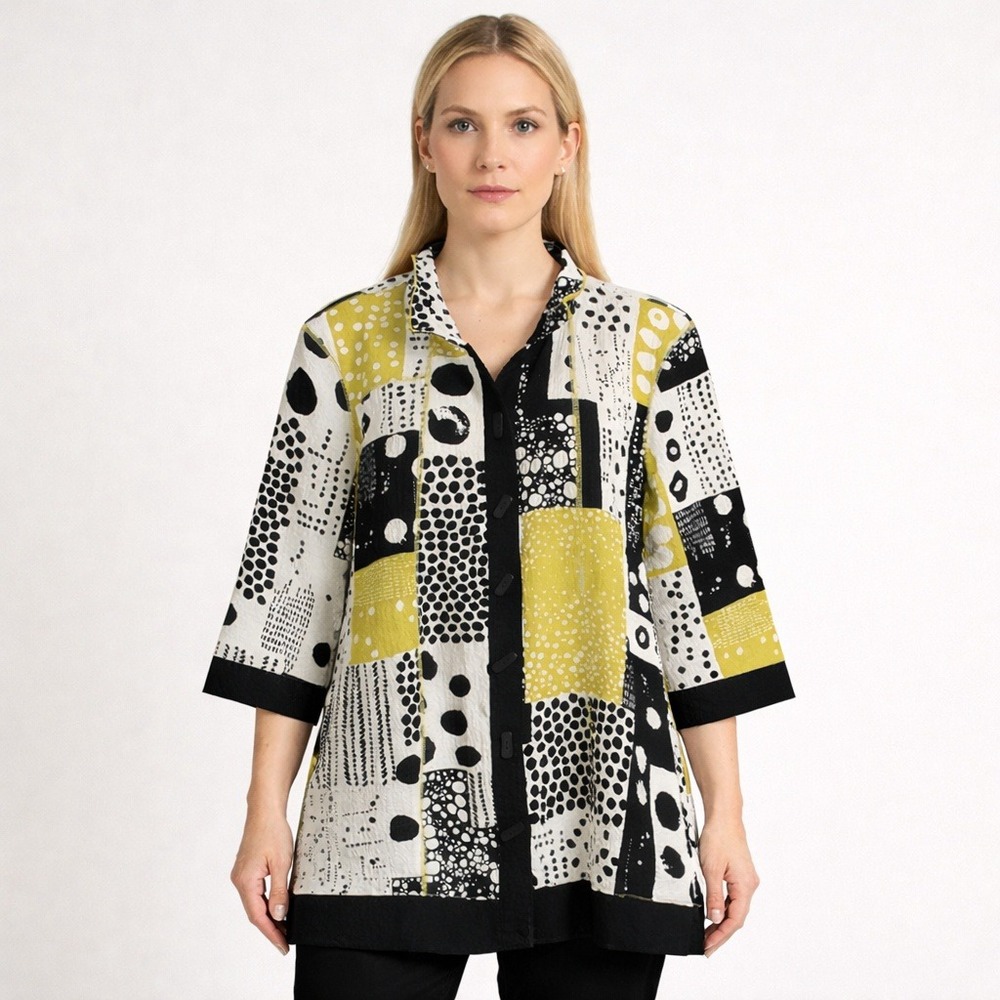 Ali Miles Abstract Patchwork Button Up Tunic Top  Lagenlook Avant Garde Sz Large